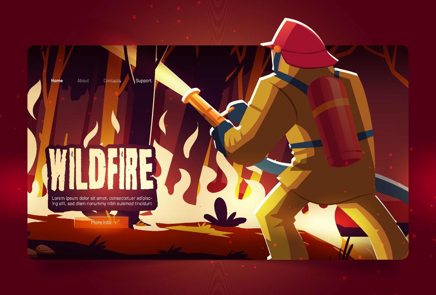 Wildfire landing page, burning forest and fireman vector