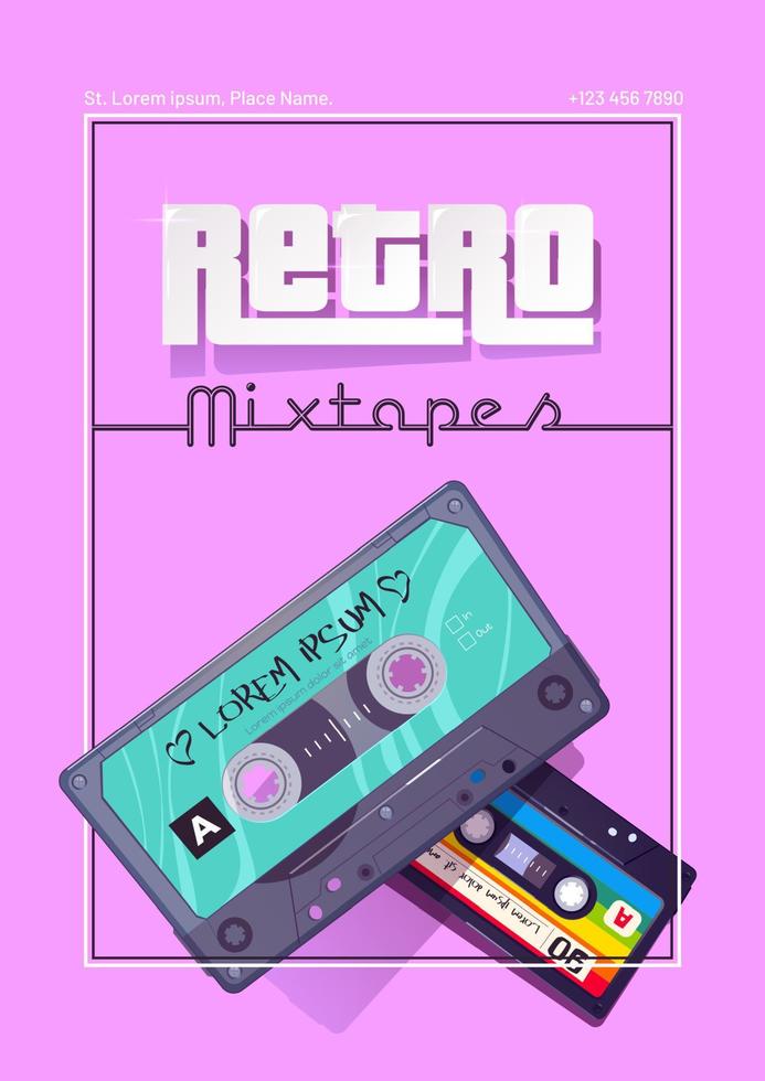 Retro mixtapes cartoon poster, music and sound vector