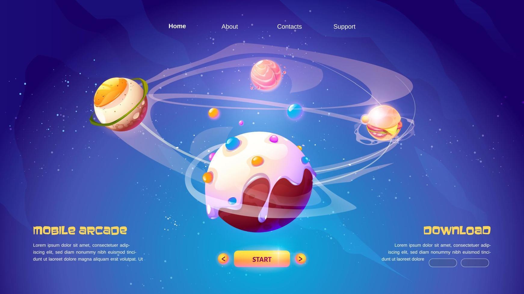 Mobile arcade food planets adventure, galaxy world vector