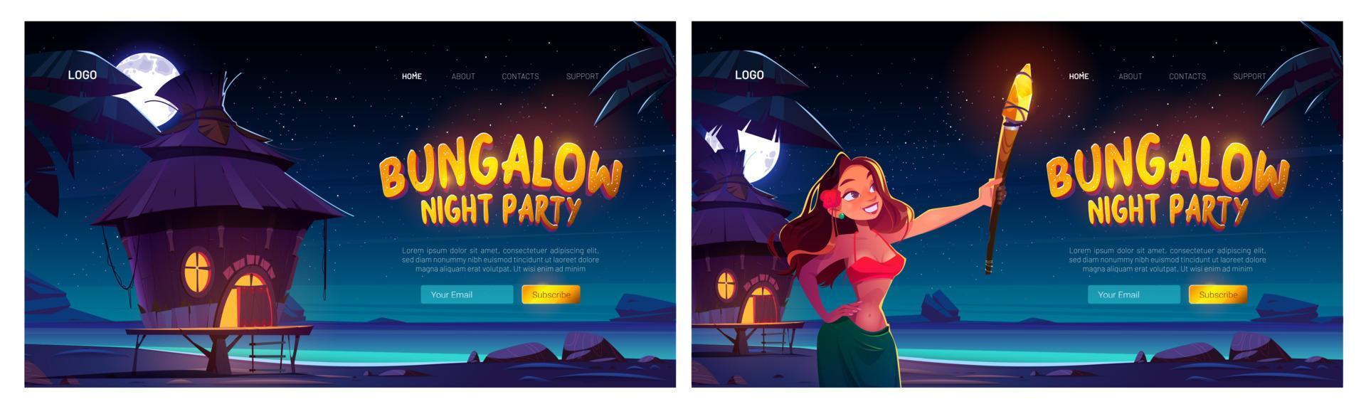 sitio web de fiesta de noche de bungalow con mujer y mar vector