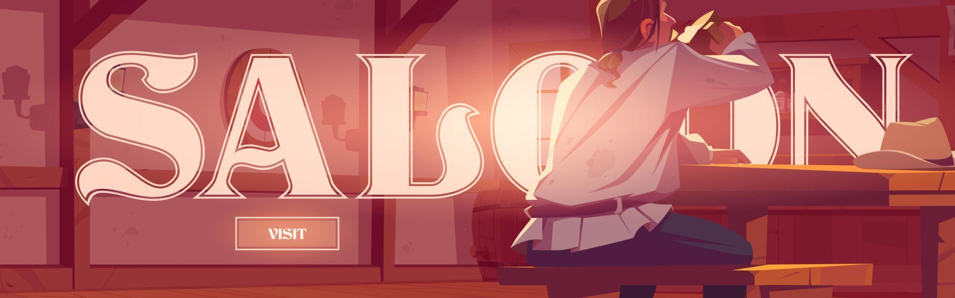 Saloon poster, man drinks beer in pub interior vector