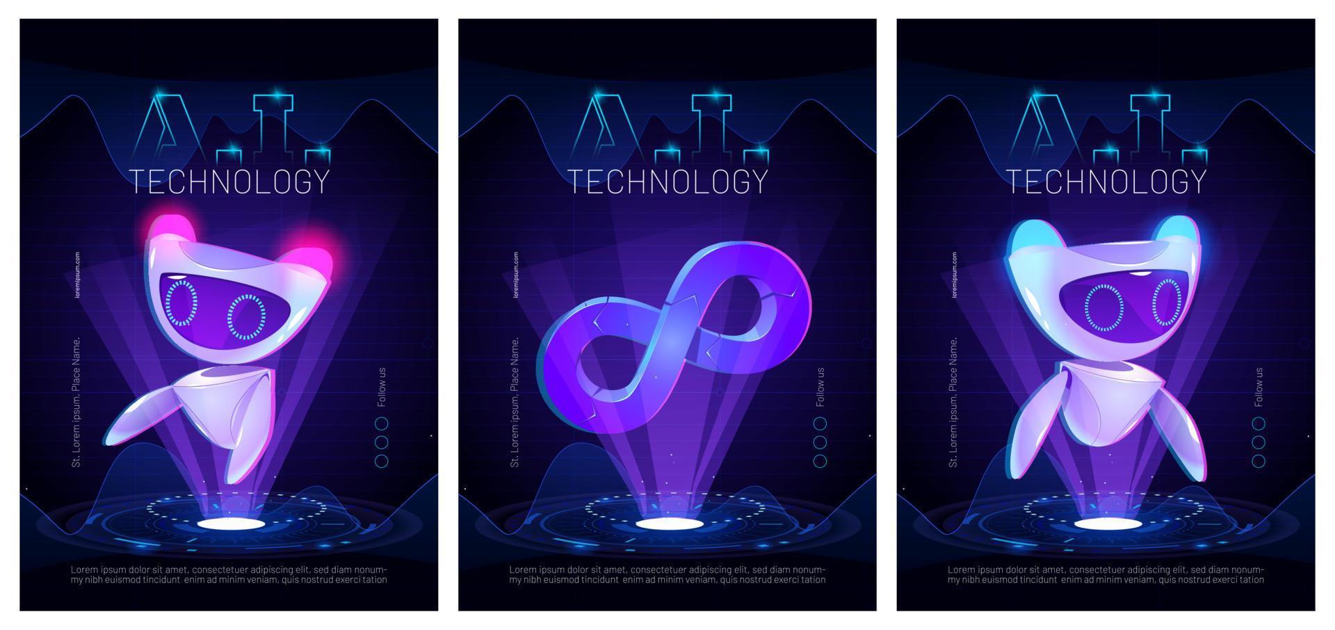 AI technology posters with cute robot character vector