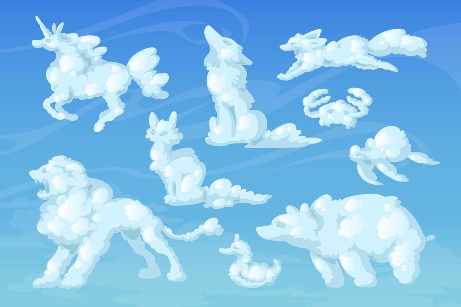 Cloud animals, cartoon fluffy eddies in blue sky vector