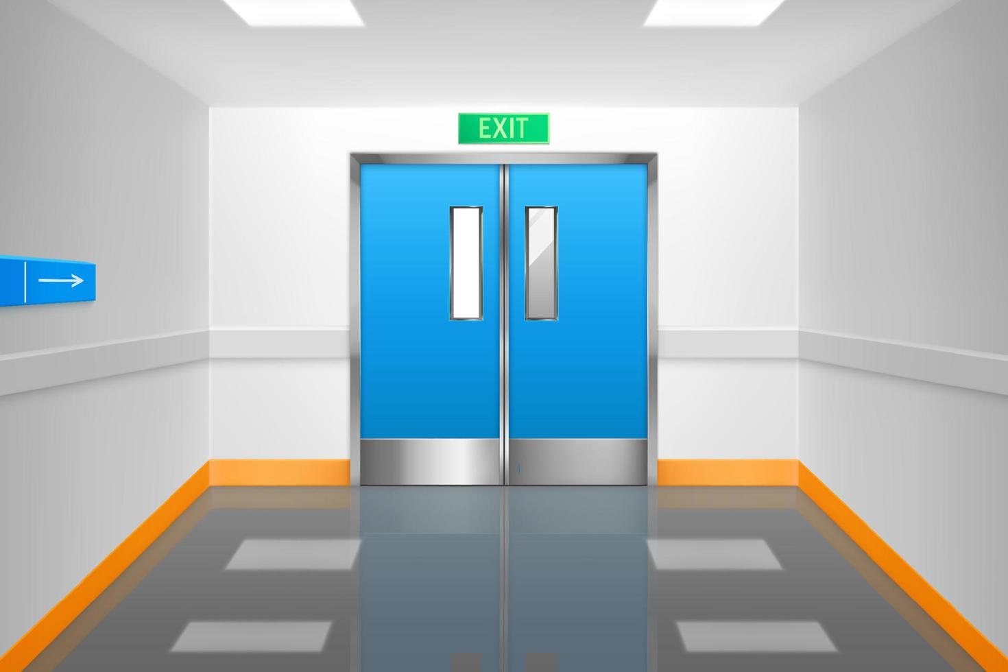 Double doors and exit sign in hospital corridor vector