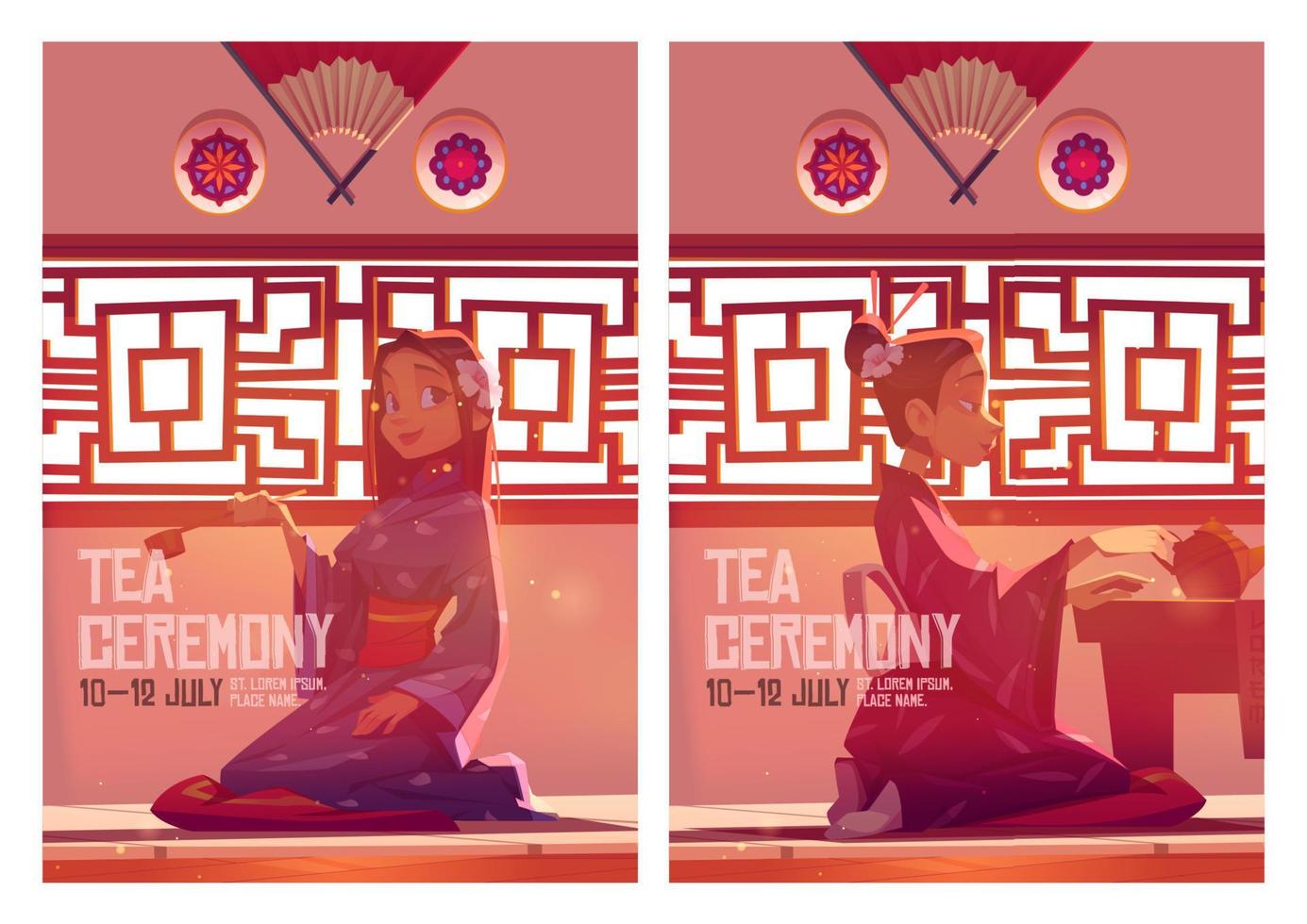 carteles de la ceremonia del té con una chica en kimono vector