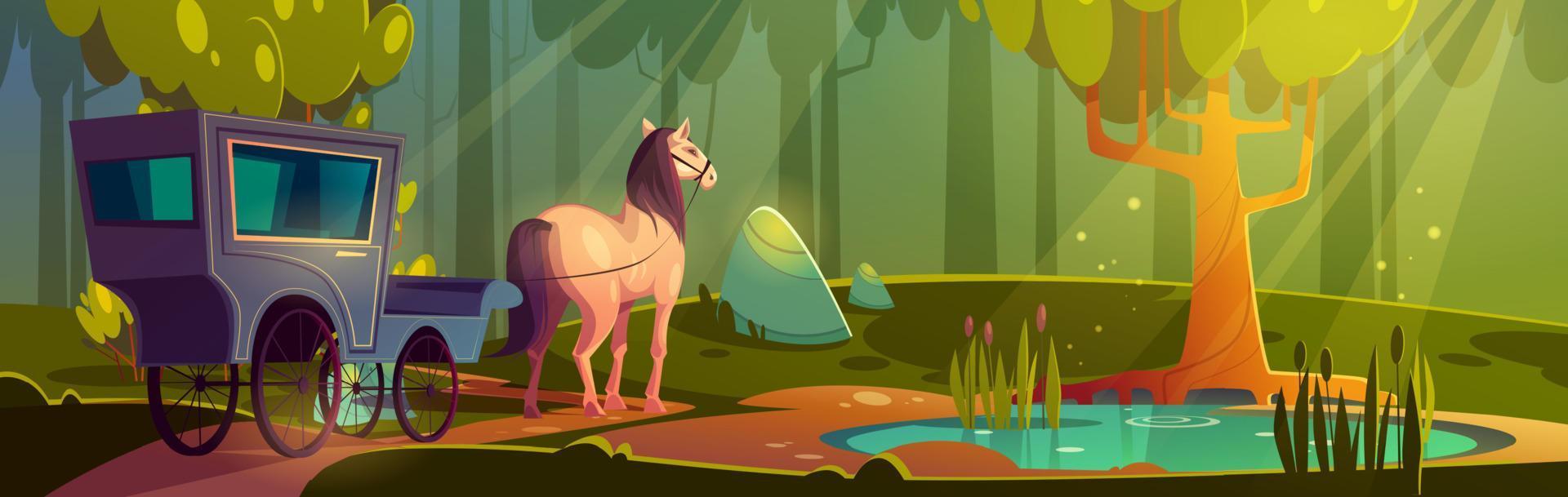 carruaje tirado por caballos en el bosque con árboles y estanque vector