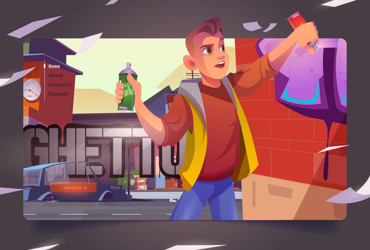 Graffiti painter in ghetto cartoon landing vector