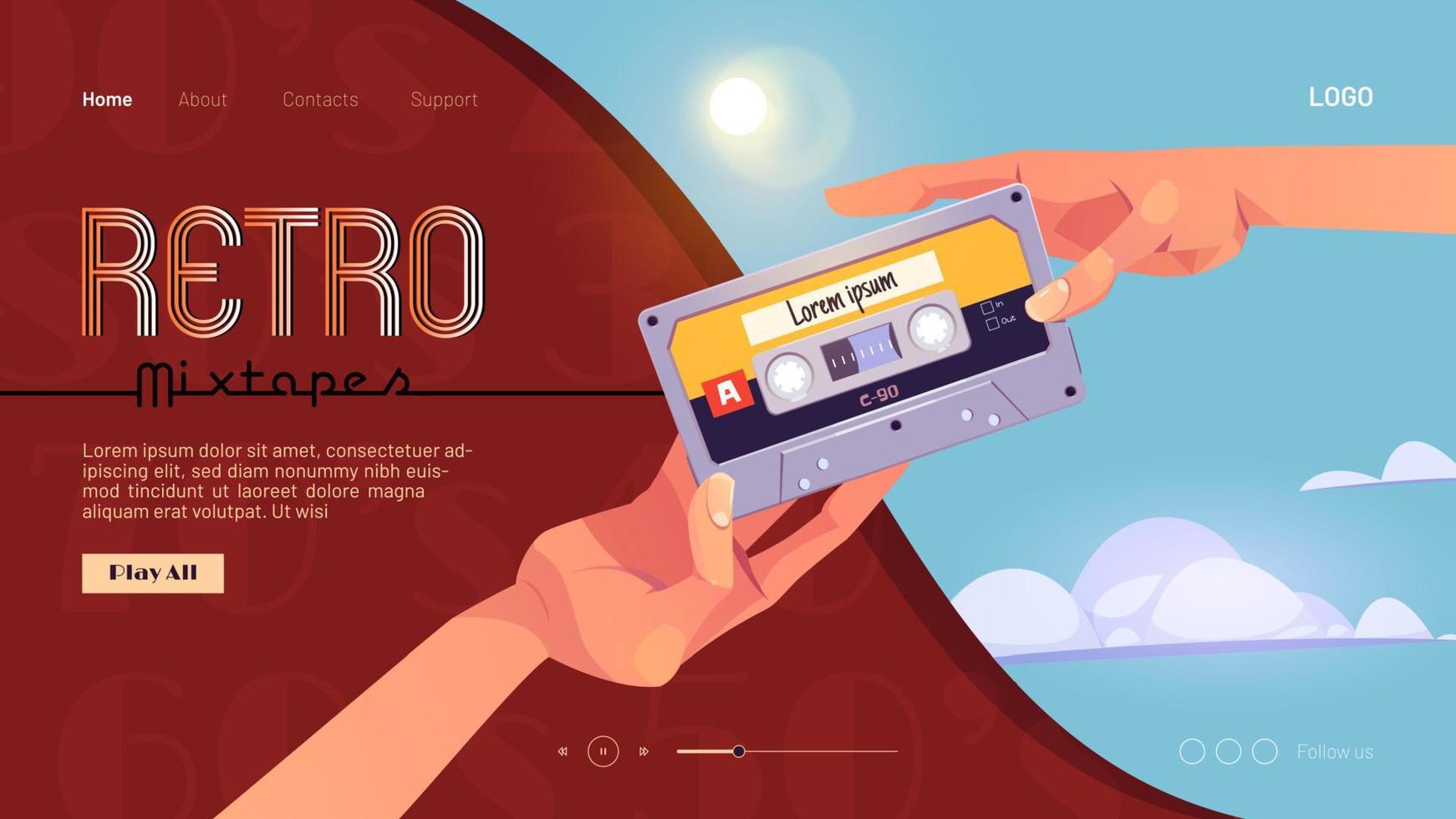 Retro mixtapes cartoon banner with human hands vector