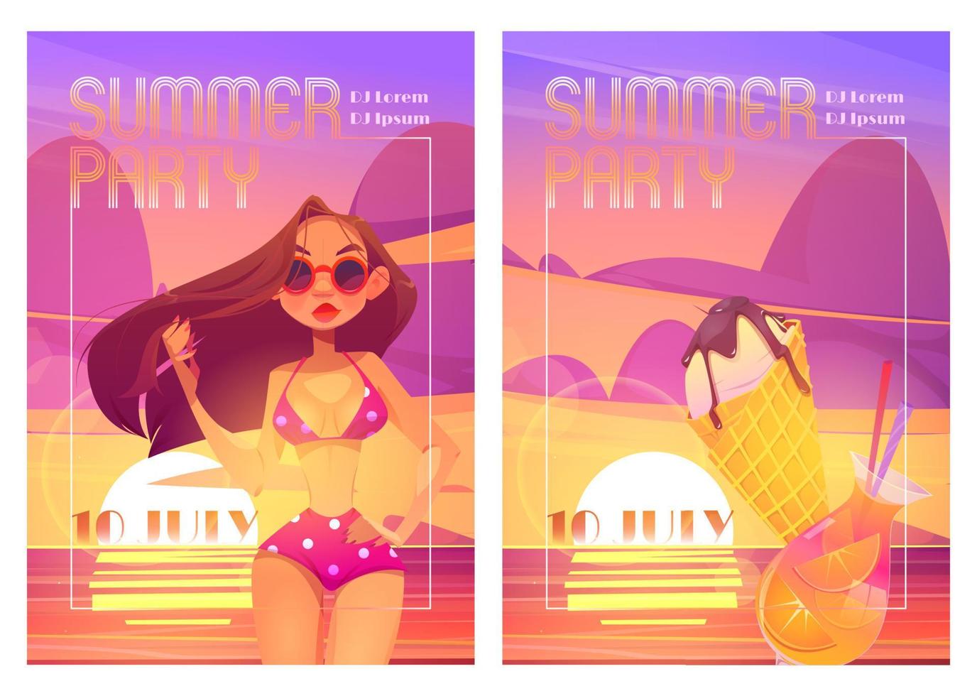 carteles de fiesta de verano con mujer en bikini vector