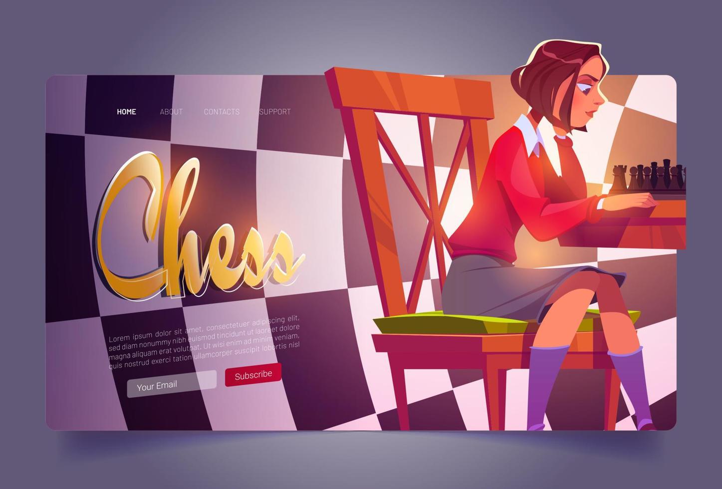 Chess club landing page, young girl playing game vector