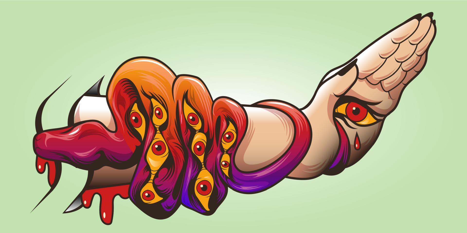 arte del tatuaje con serpiente, ojos en la piel y mano de mujer vector