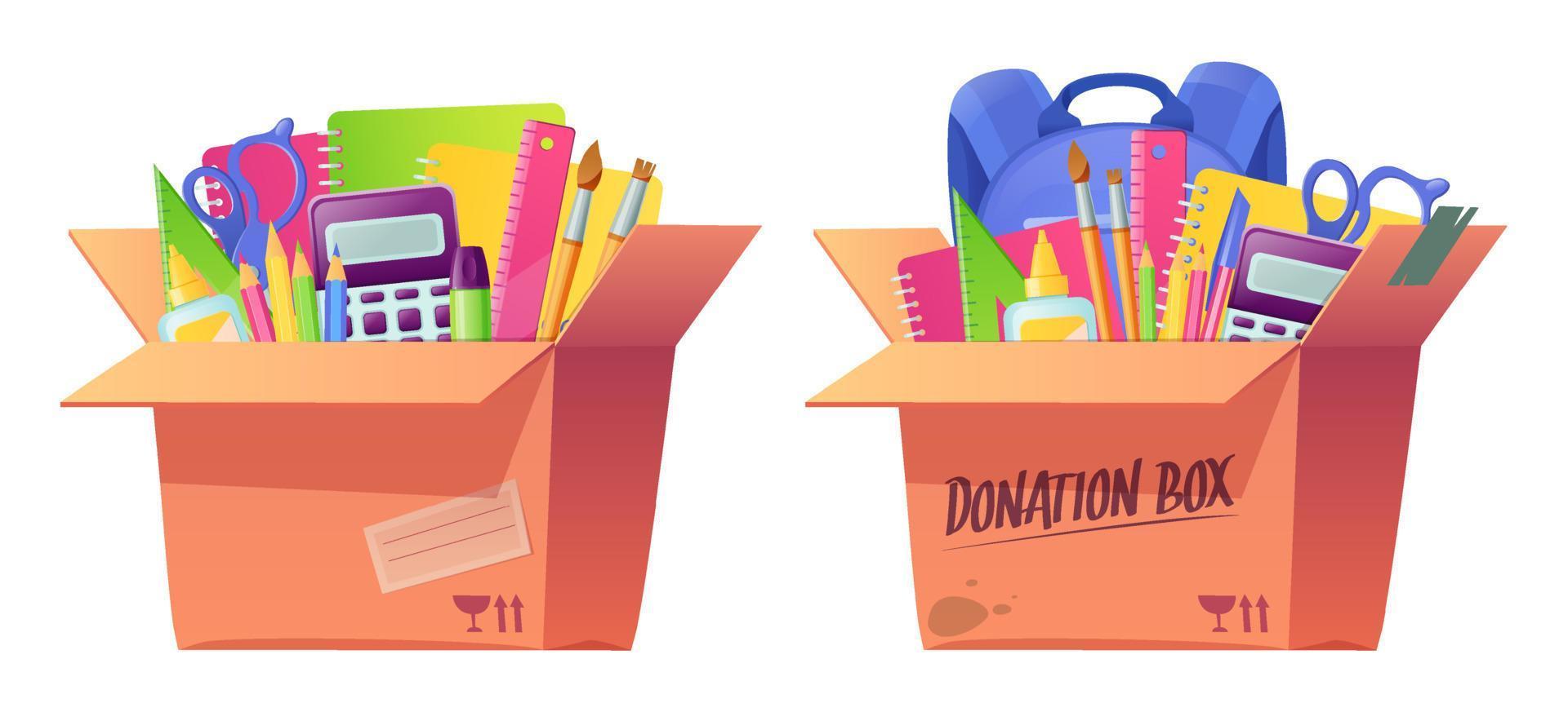 School stationery in cardboard donation box vector