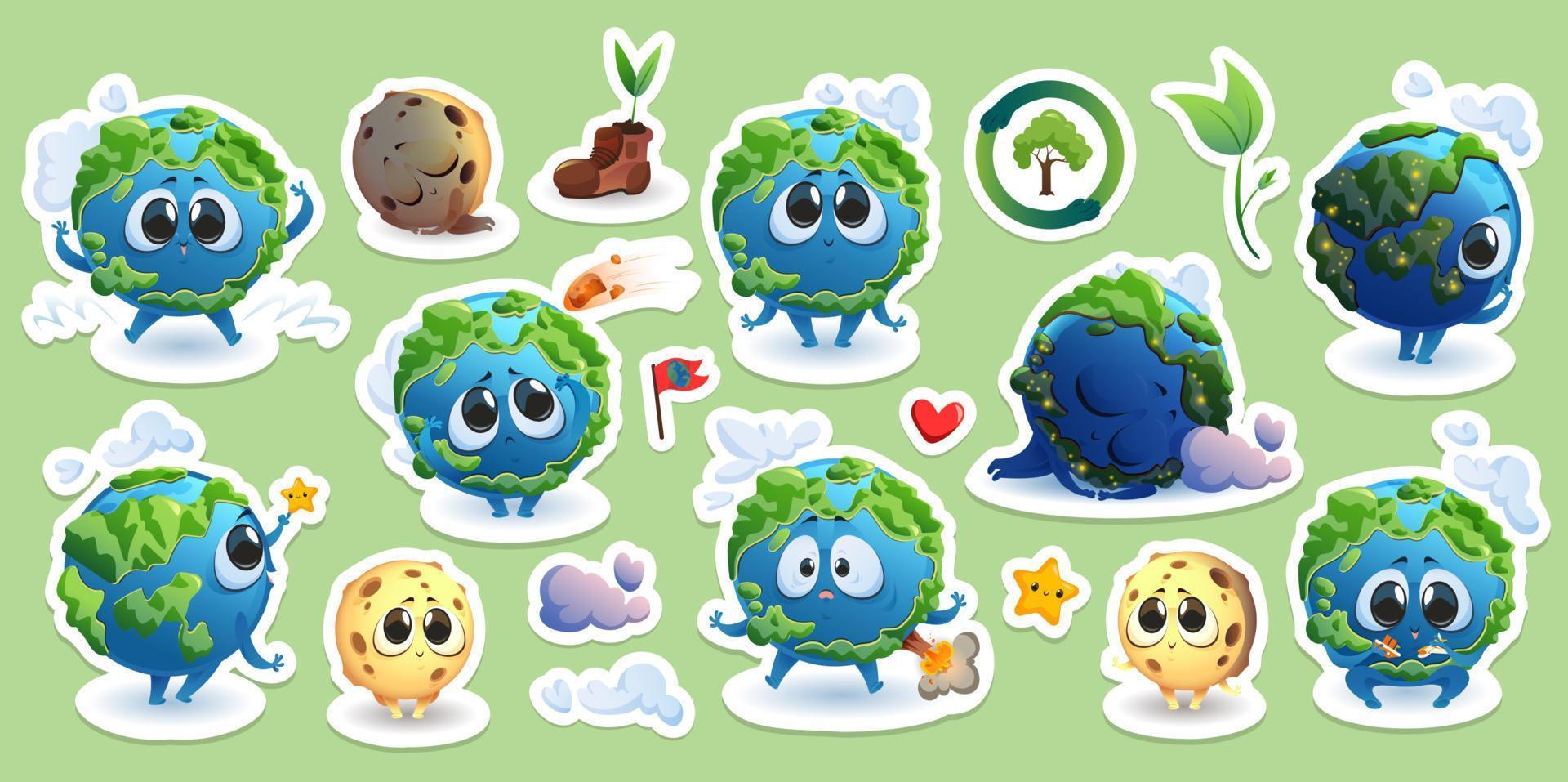 Stickers with Earth and Moon cartoon characters vector