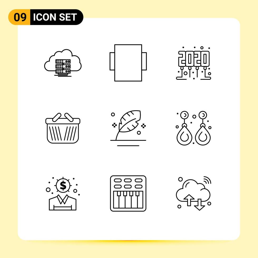 Pack of 9 Modern Outlines Signs and Symbols for Web Print Media such as quill ink new year feather ecommerce Editable Vector Design Elements