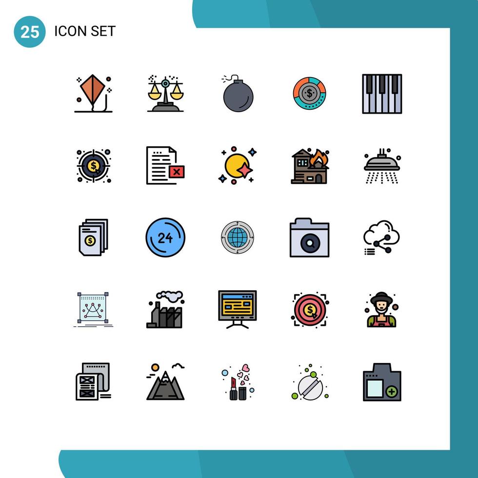 25 Universal Filled line Flat Colors Set for Web and Mobile Applications finance budget judgment analysis explosion Editable Vector Design Elements