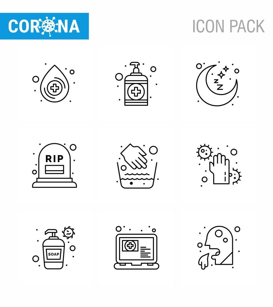 Coronavirus Prevention Set Icons 9 Line icon such as medical hands night rip grave viral coronavirus 2019nov disease Vector Design Elements