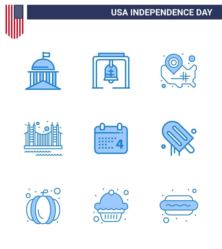 USA Independence Day Blue Set of 9 USA Pictograms of landmark gate church bell bridge wisconsin Editable USA Day Vector Design Elements