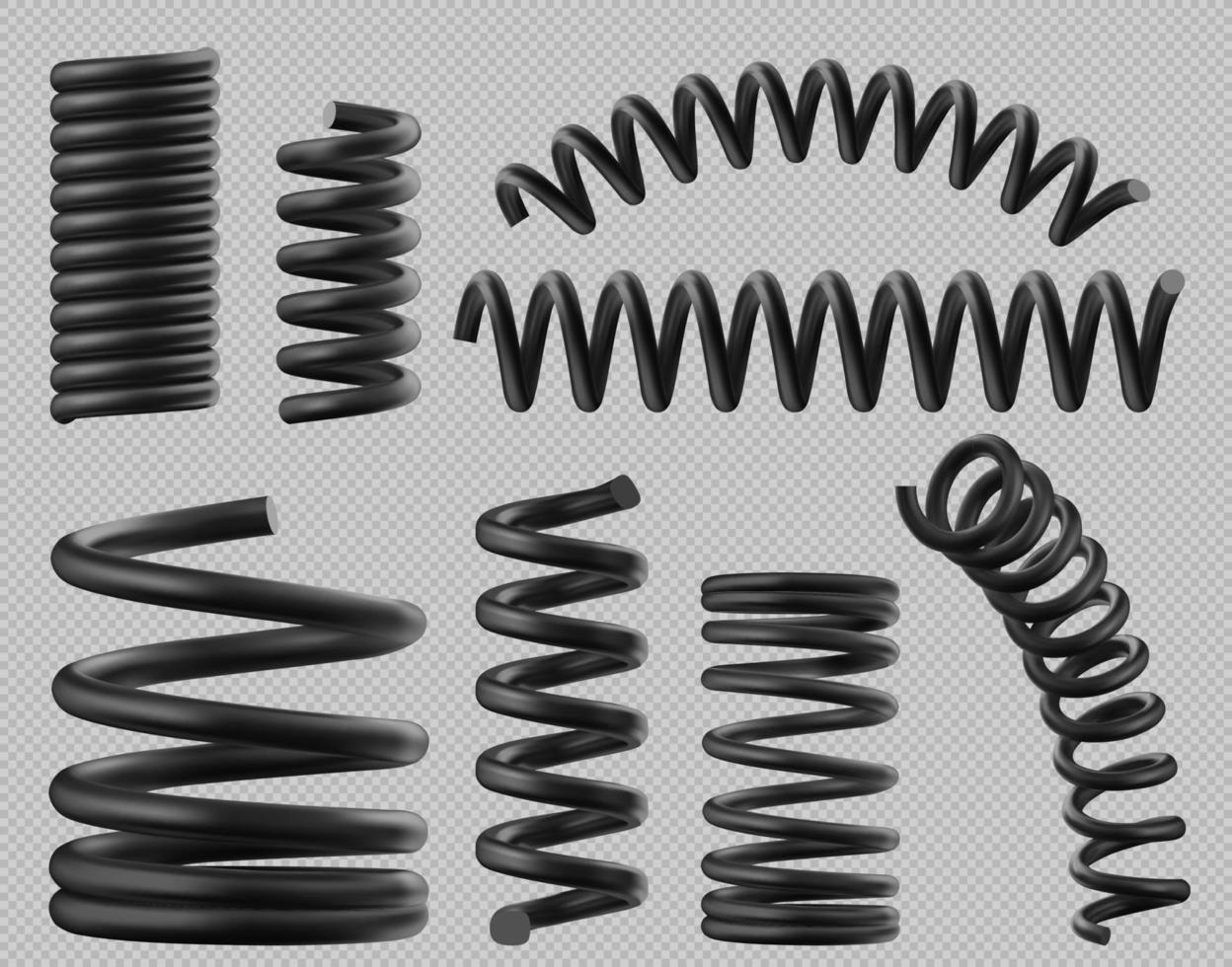 Black spring coils, flexible spiral metal wire vector