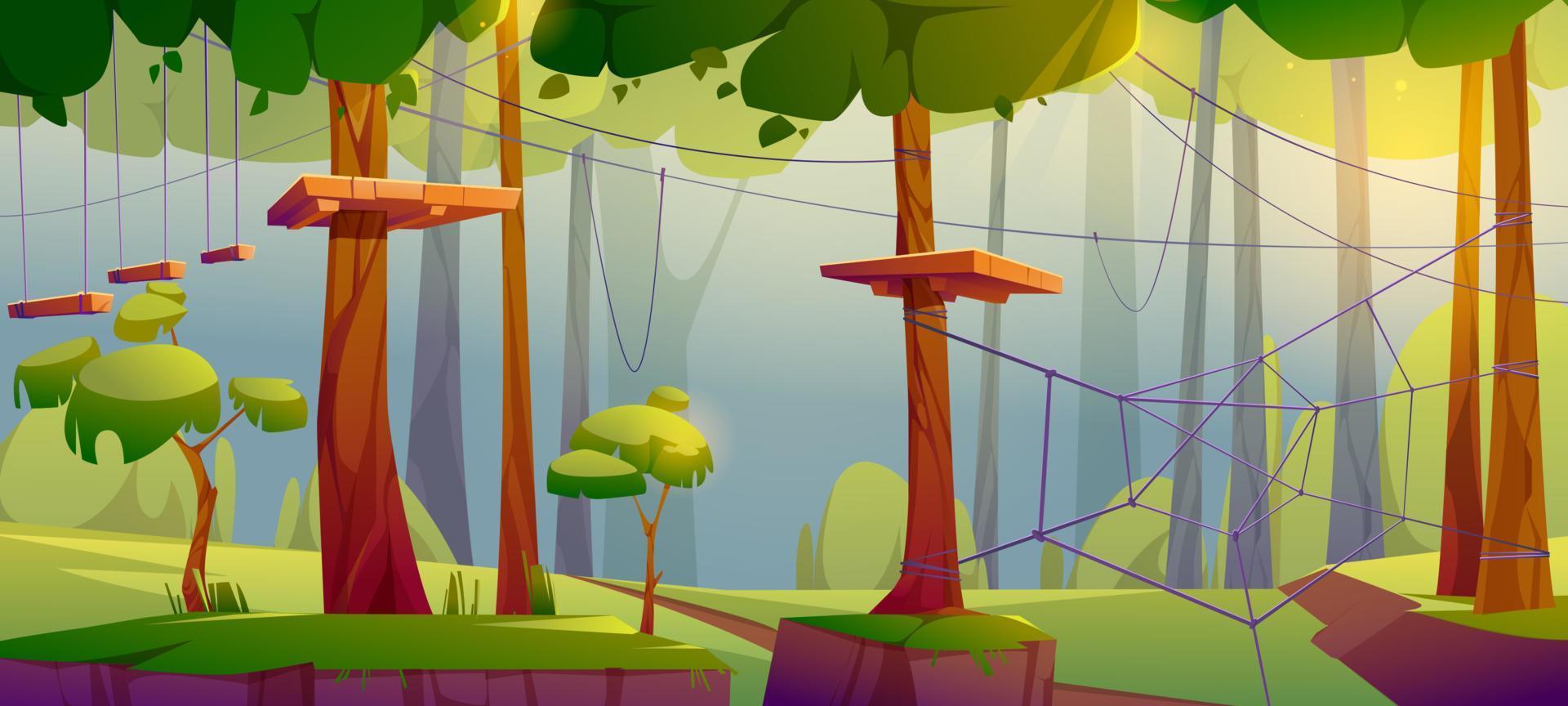 parque de aventuras, centro de escalada de cuerdas en el bosque vector