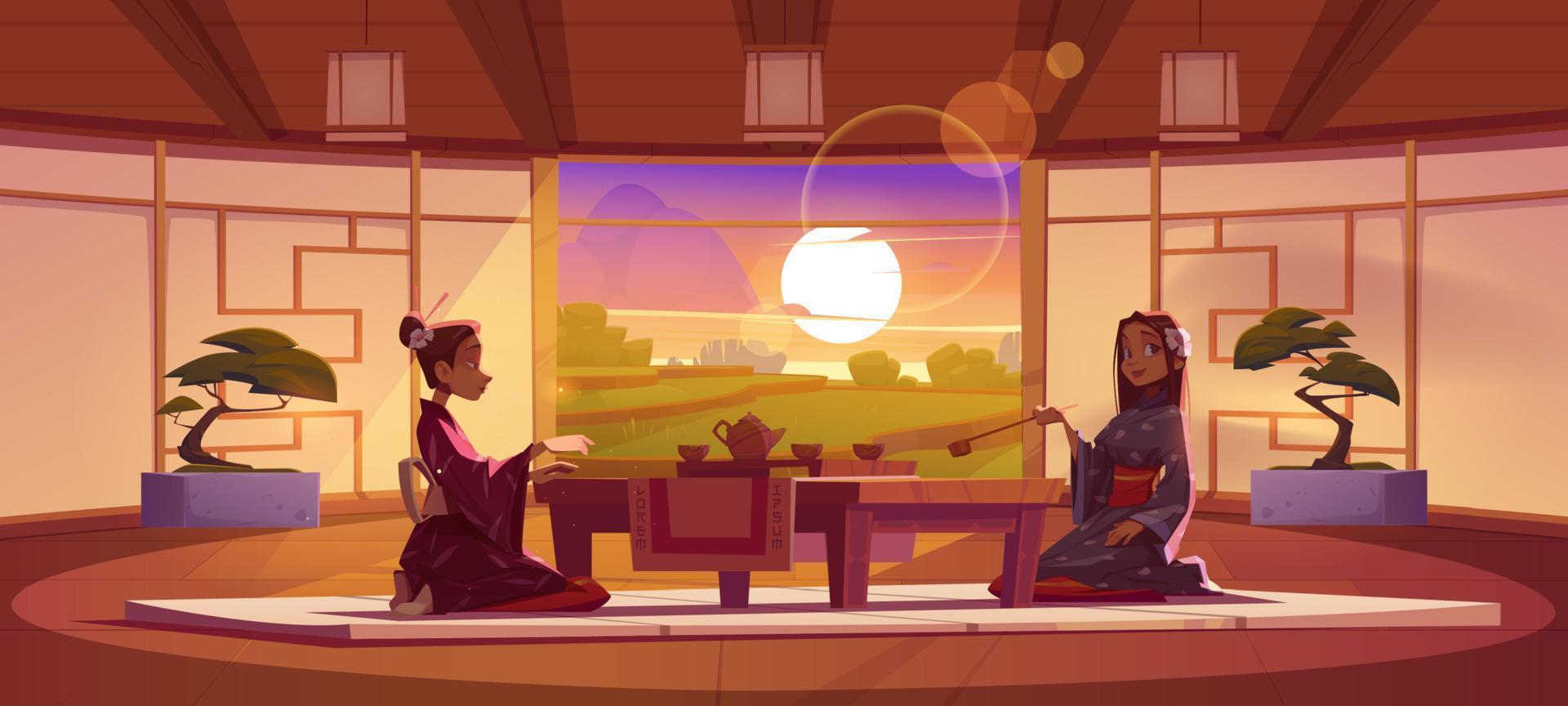 Tea ceremony in dojo room with peaceful landscape vector