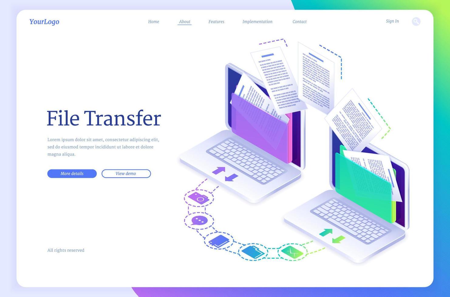 File transfer isometric landing, data migration vector