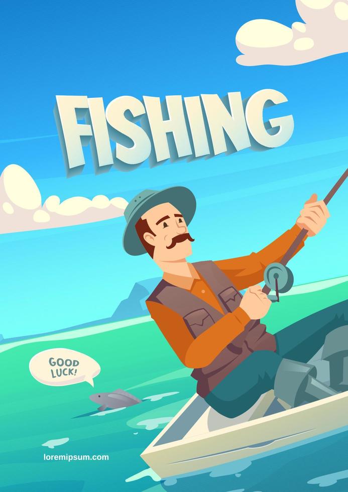 banner de dibujos animados de pesca con carácter en barco vector
