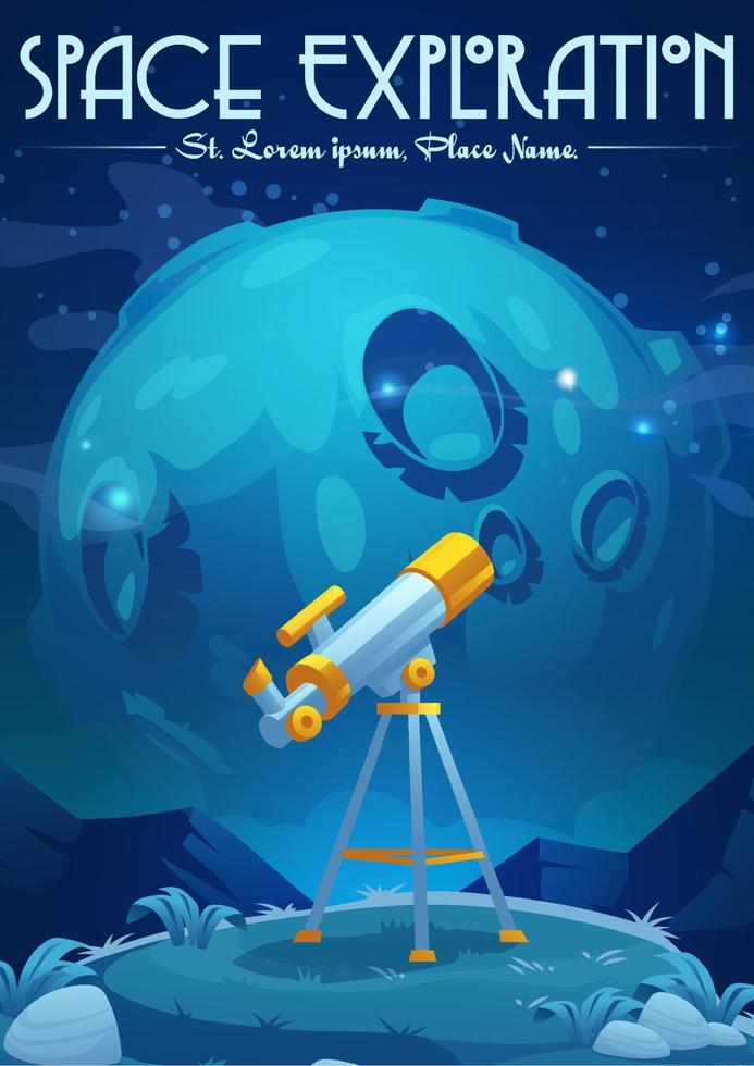 Space exploration cartoon poster with telescope vector
