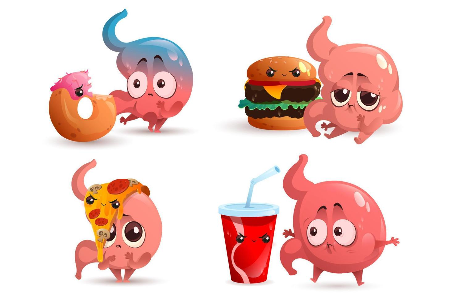 Sad stomach character with fast food vector