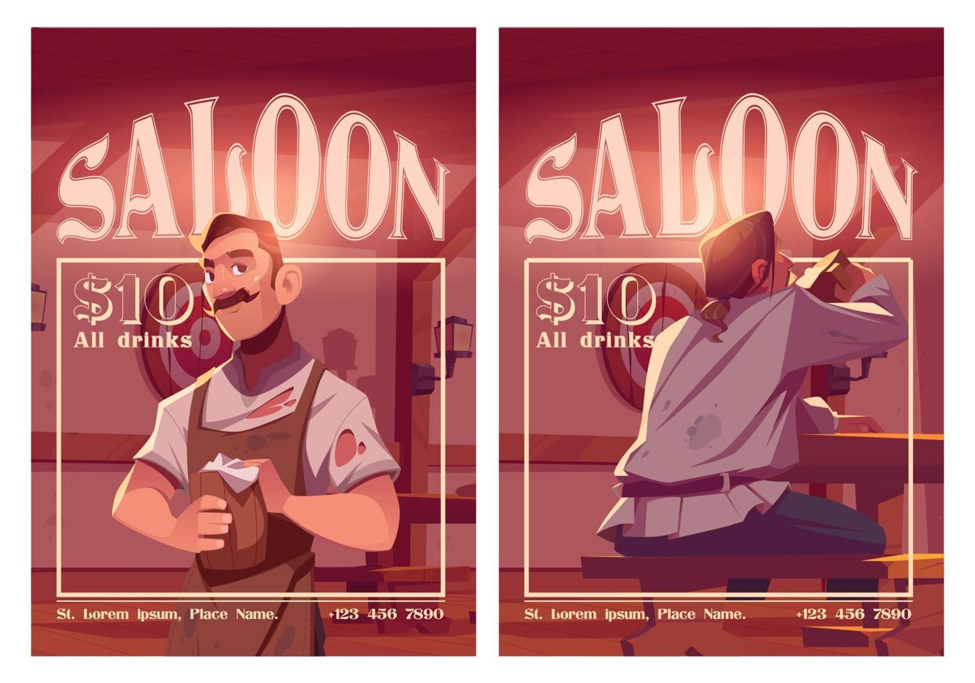 Saloon cartoon ad posters with old style tavern vector