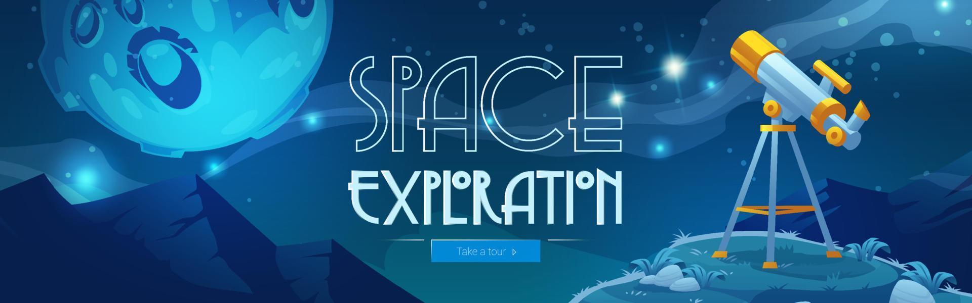 banner de dibujos animados de exploración espacial con telescopio vector