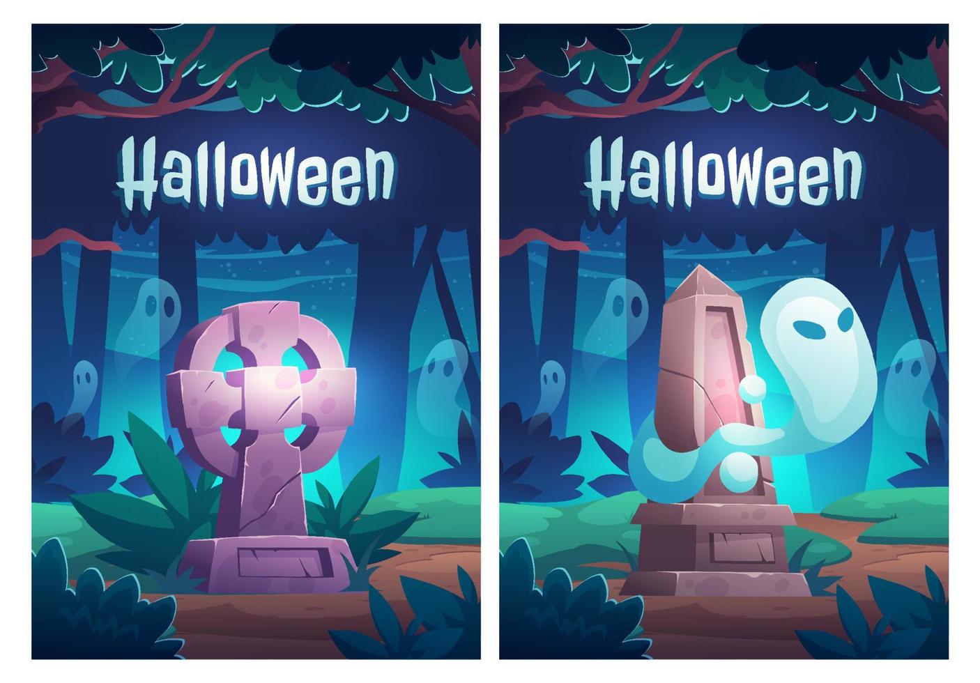 Halloween poster with ghosts on old cemetery vector