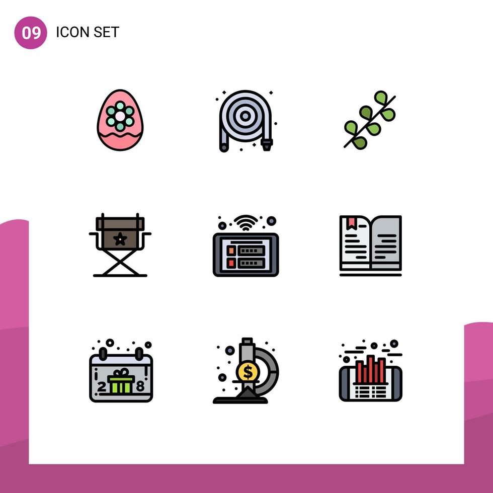 Mobile Interface Filledline Flat Color Set of 9 Pictograms of control director plumbing cinema spring Editable Vector Design Elements