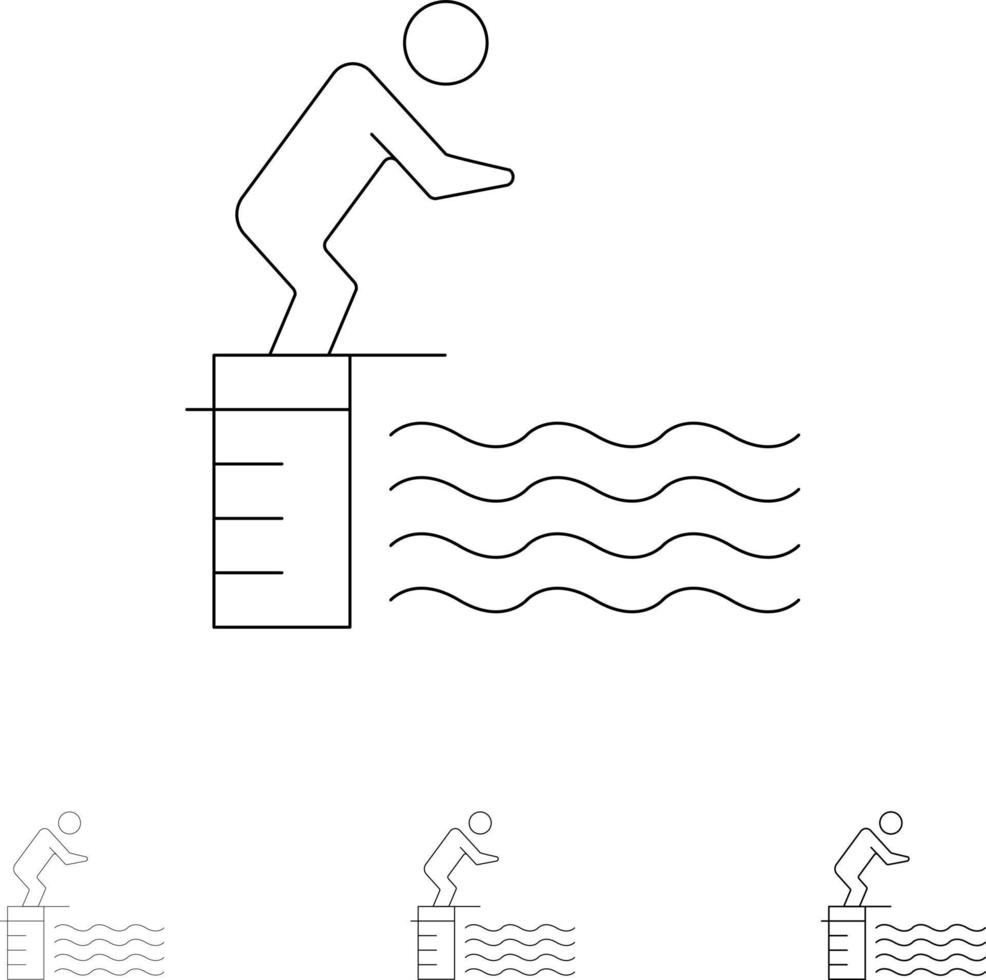 juego de iconos de línea negra audaz y delgada de deporte de piscina de plataforma de salto de buceo vector