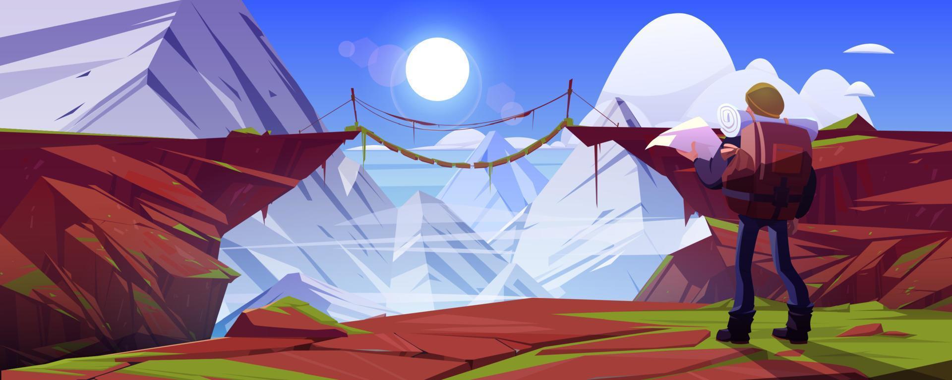 Mountain landscape with hiker man and bridge vector