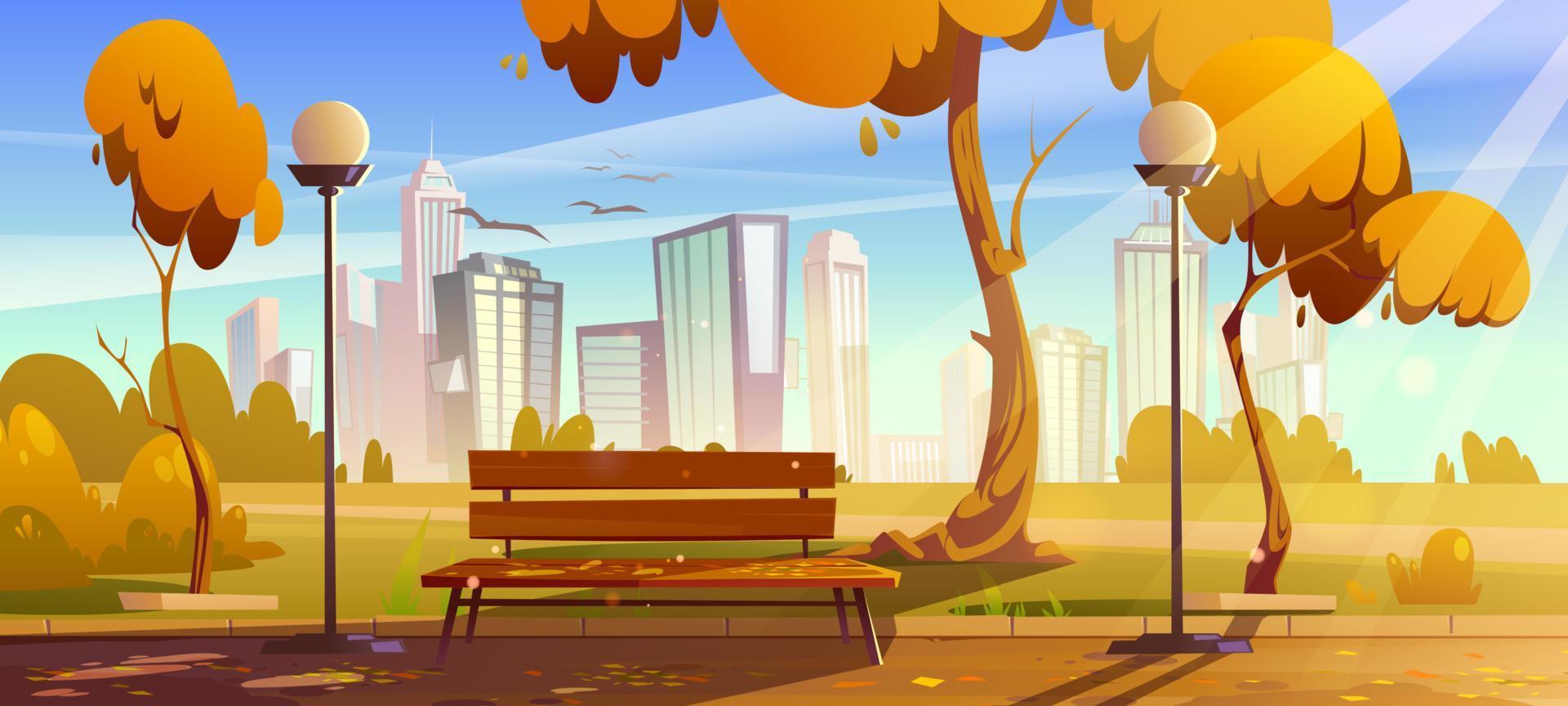 Autumn park with orange trees, wooden bench vector