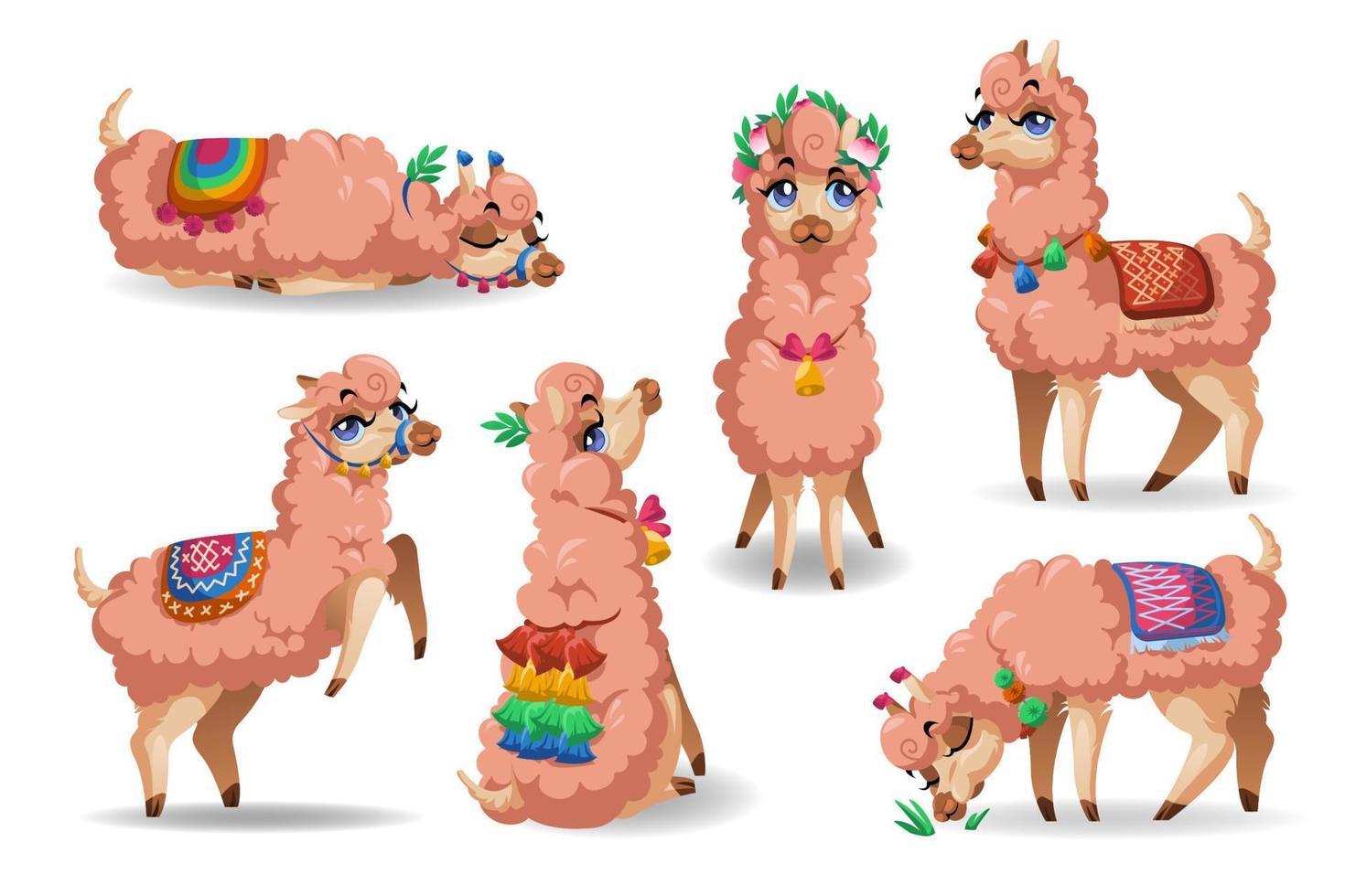 Cute llama character in different poses vector