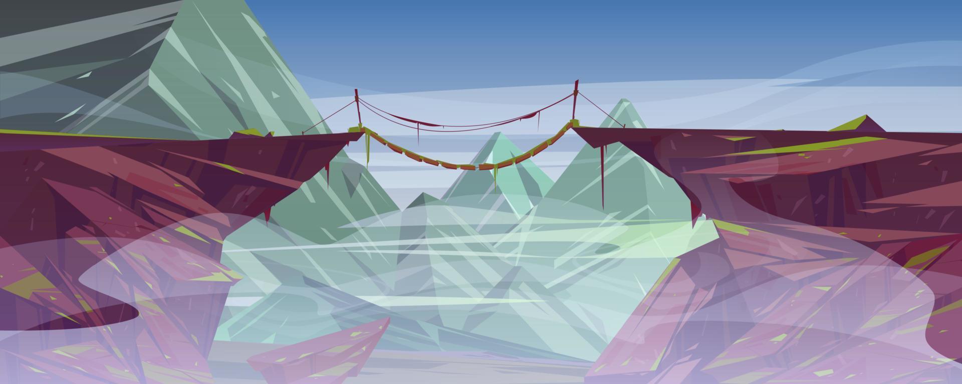 Suspended rope bridge hang above foggy rock cliff vector