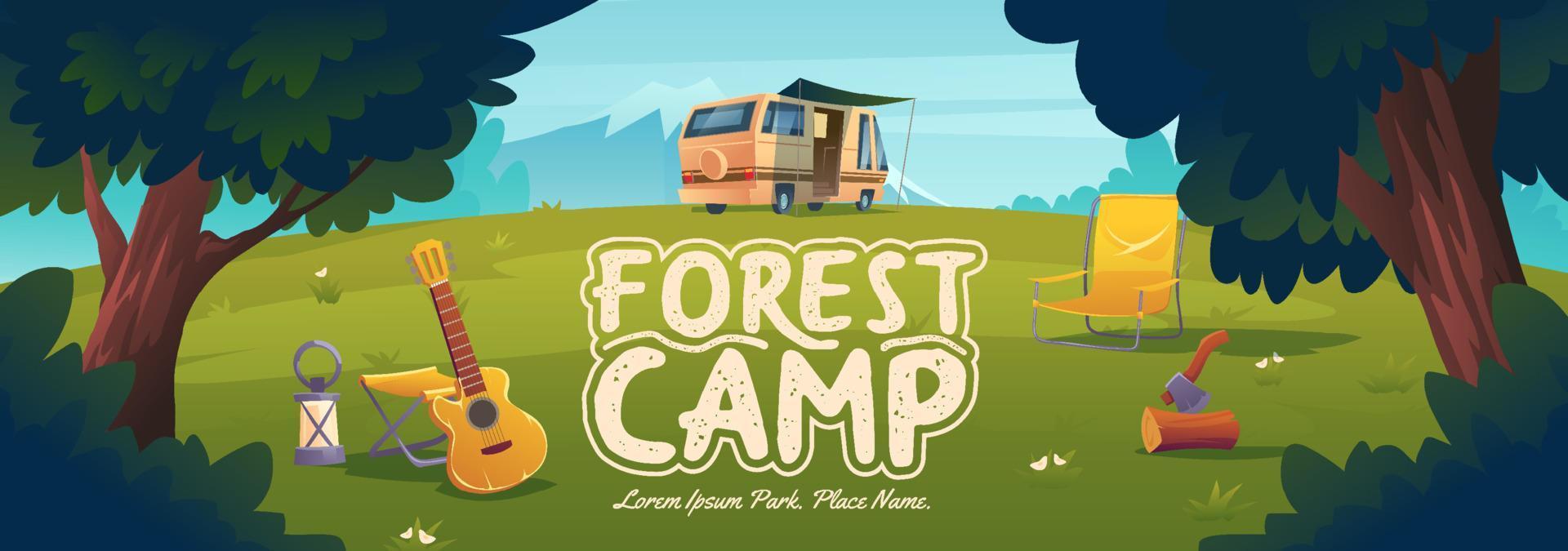 Forest camp poster with van, chair and guitar vector