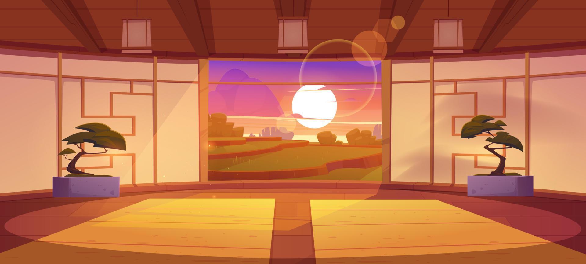 interior del dojo japonés al atardecer vector