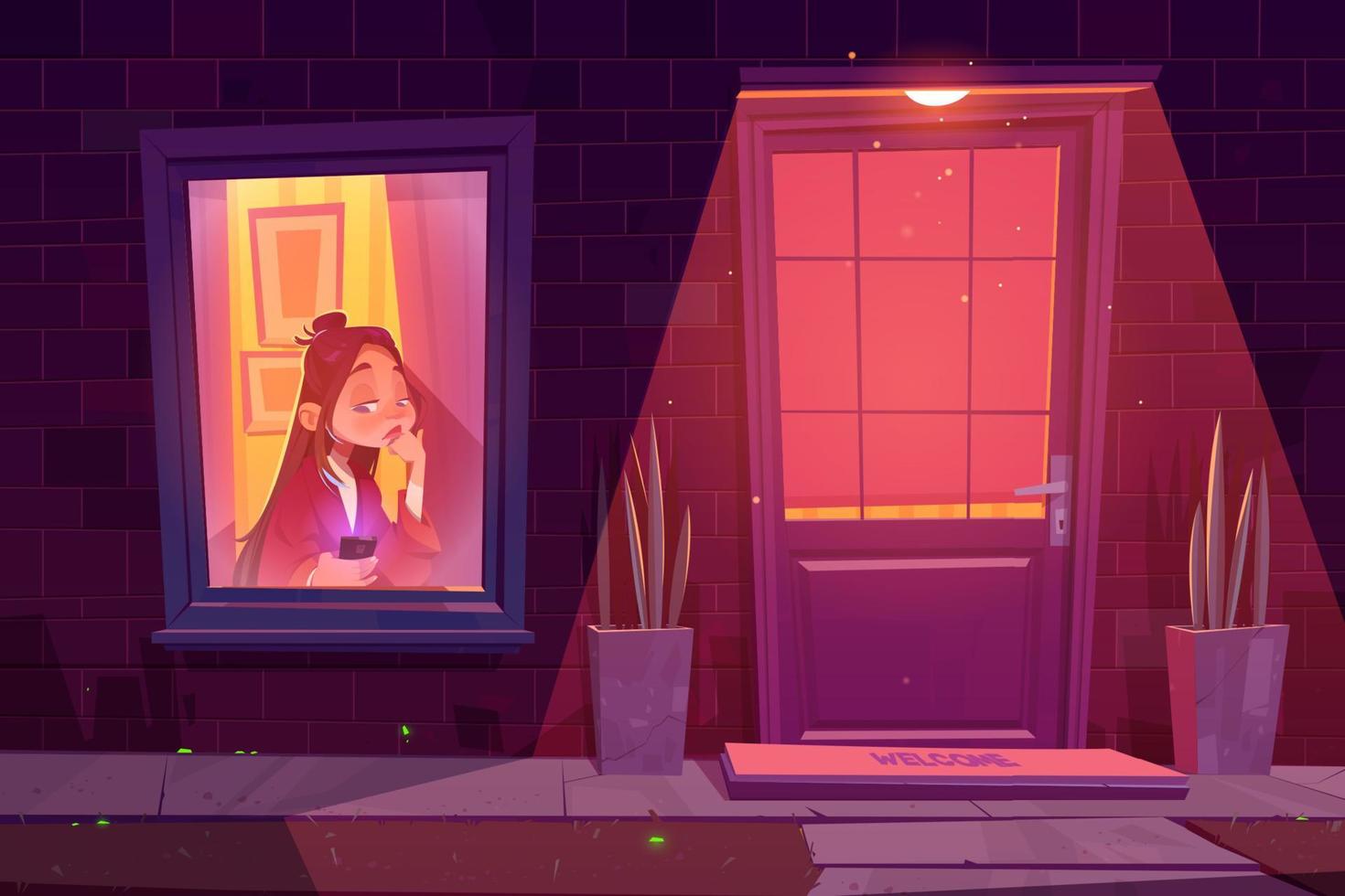 Lonely sad girl sitting alone at window with phone vector