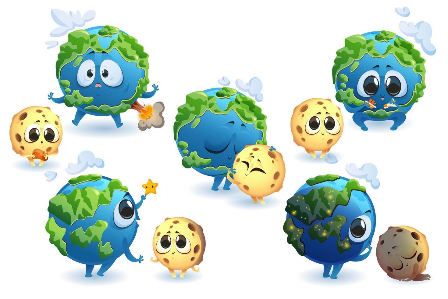 Cute planet Earth and Moon characters vector