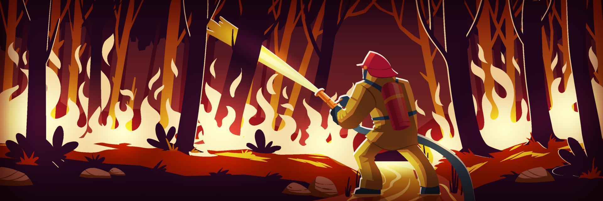 Fireman fight with fire in forest, catastrophe vector