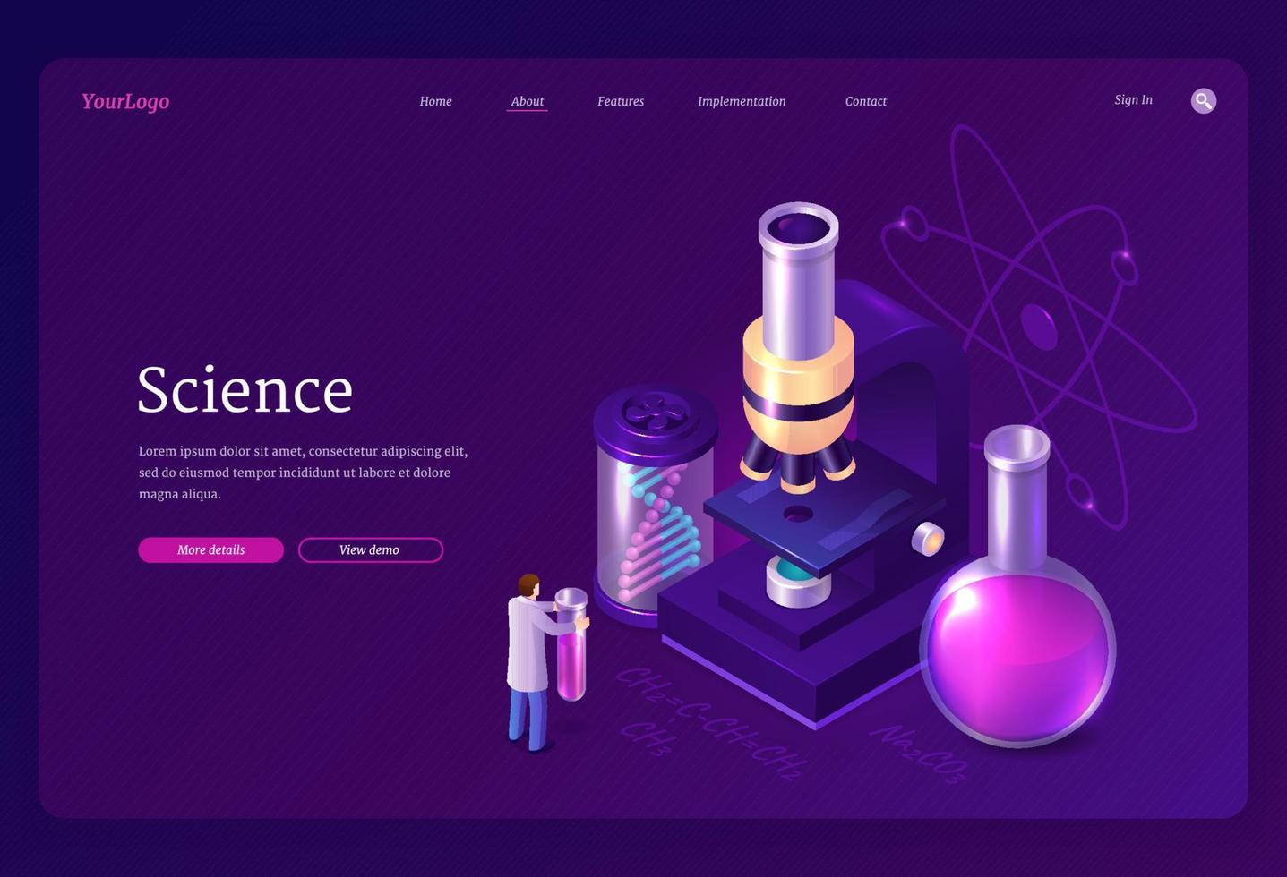 Science isometric landing page, scientist in lab vector