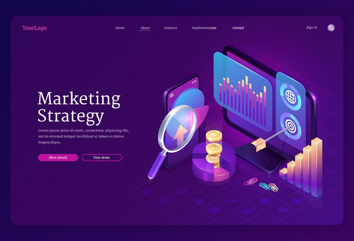 Marketing strategy isometric landing page, banner vector