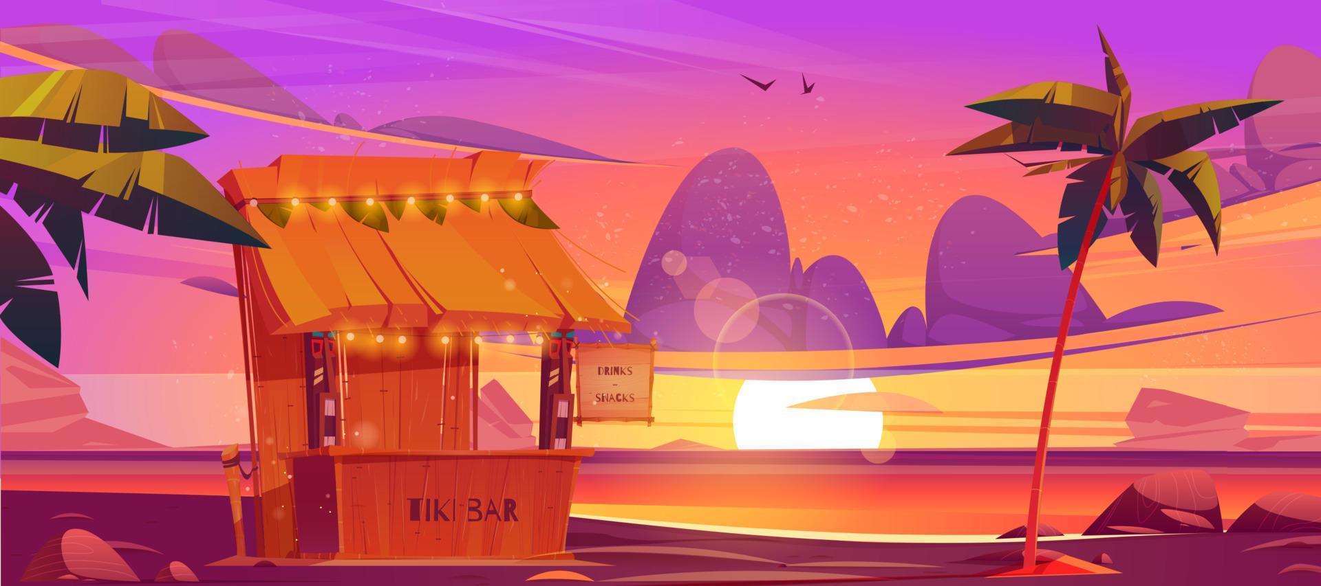 Tiki bar with tribal masks on sea beach at sunset vector