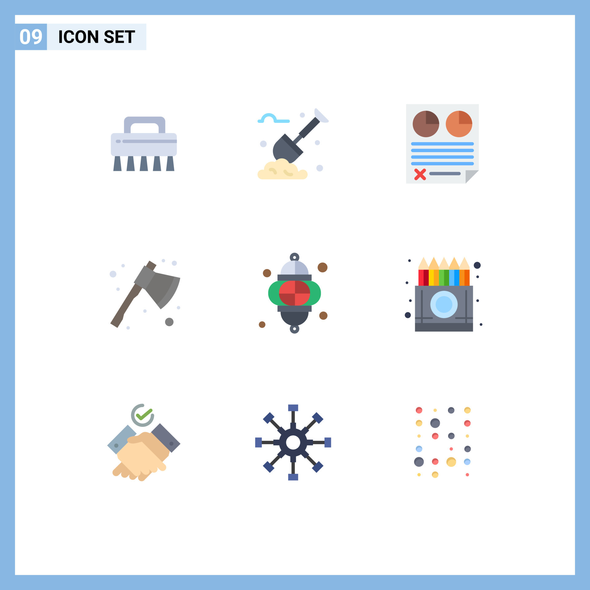 Set of 9 Vector Flat Colors on Grid for light cleaver data camping ax