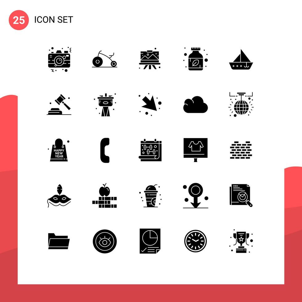Set of 25 Vector Solid Glyphs on Grid for boat herbal designing bottle painting Editable Vector Design Elements