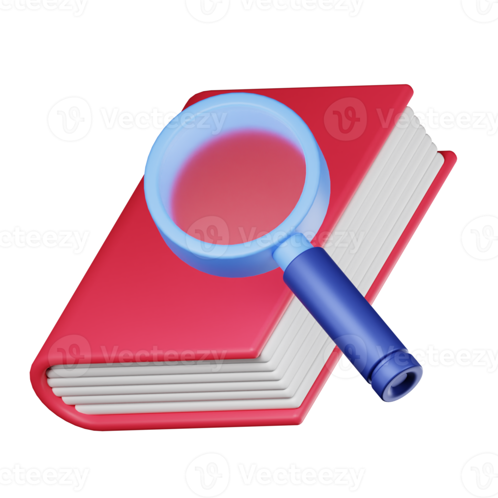 3d book and magnifying glass illustration png