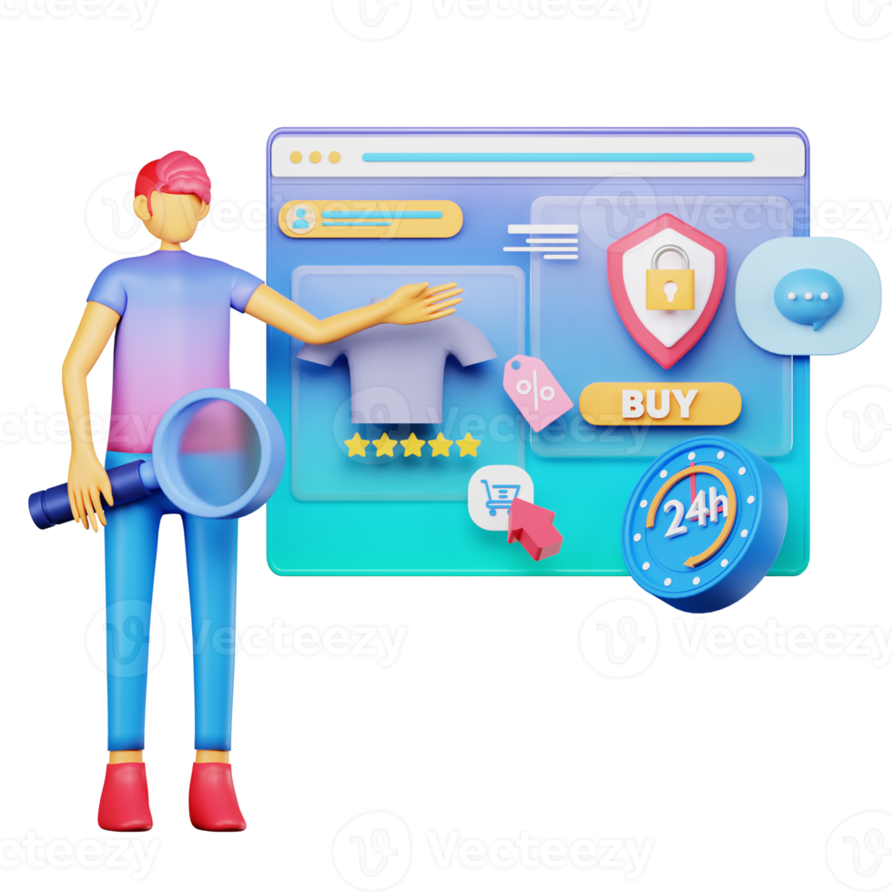 3d character searching online shop illustration png