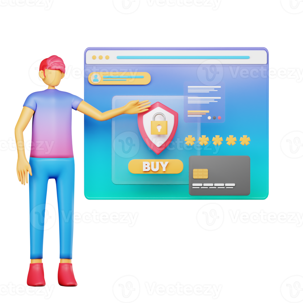 seguridad de pago de compras en línea de personajes 3d png